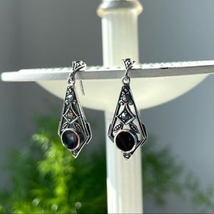 Vintage Art Deco Onyx and Marcasite Stone Sterling Silver Dangle Earrings